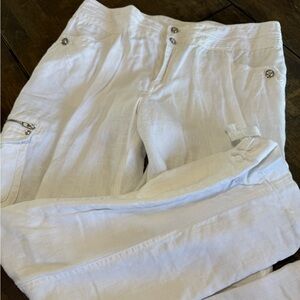 100% Linen INC White Long Pants Cargo Pockets Rhinestones Adjust Bottom Beach Po
